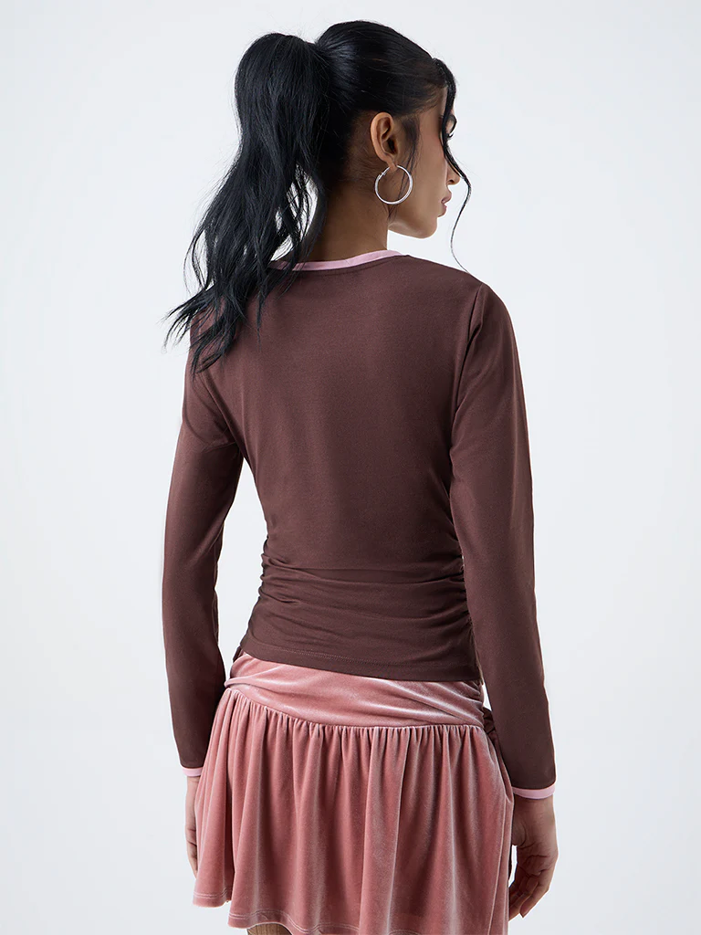 Nuon Brown Butterfly-Detail Cotton-Blend Mesh Top - Image 4