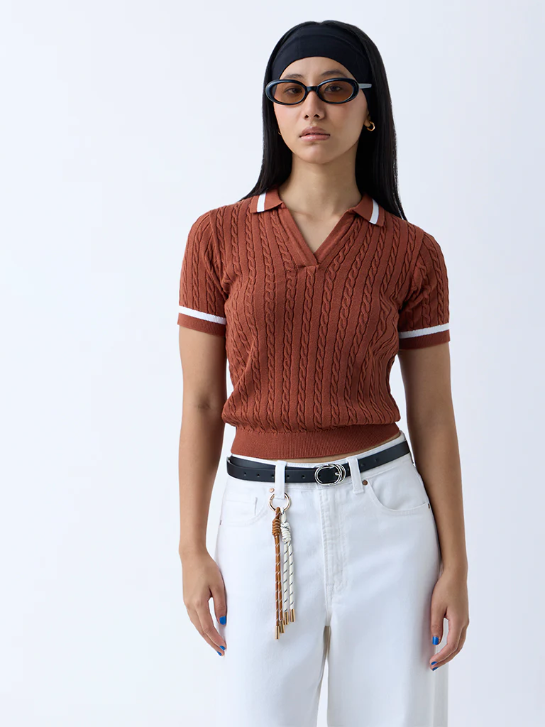 Nuon Brown Cable-Knit Cotton T-Shirt - Image 2