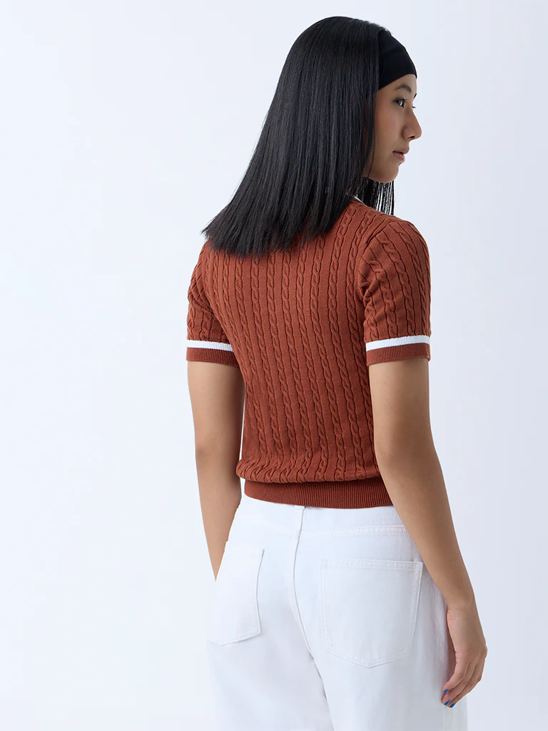 Nuon Brown Cable-Knit Cotton T-Shirt - Image 4