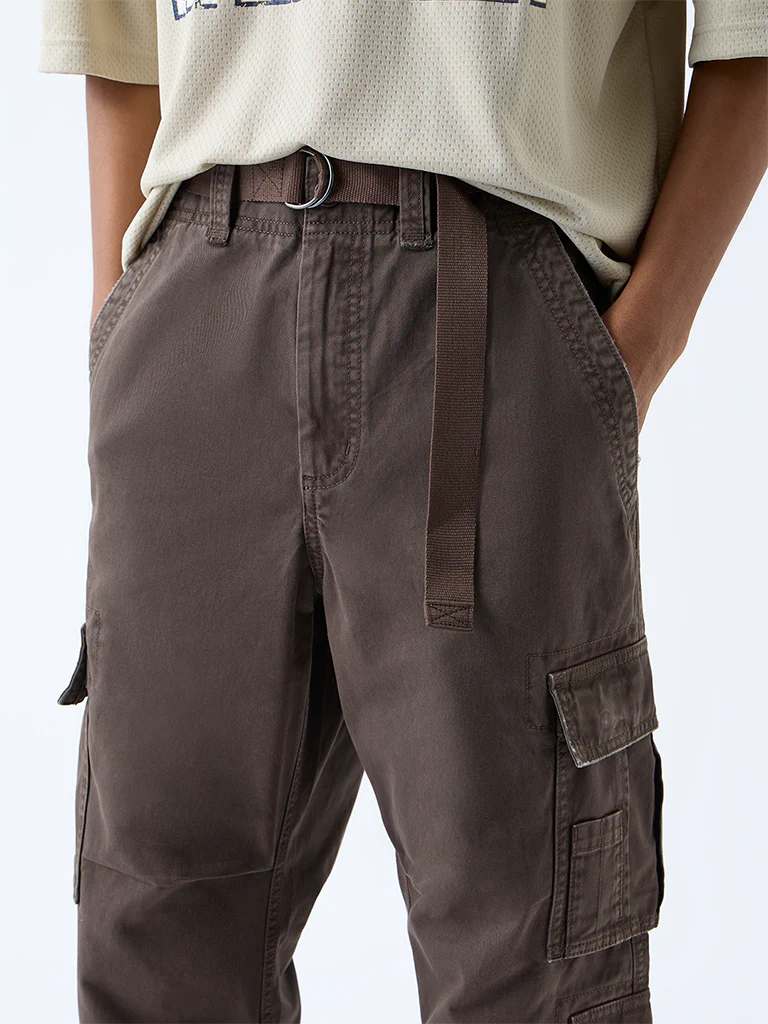 Nuon Brown Cargo-Style Relaxed-Fit Mid-Rise Cotton Pants - Image 4