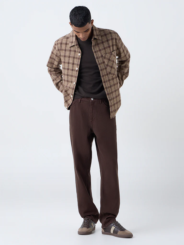Nuon Brown Check Pattern Relaxed-Fit Cotton Shirt