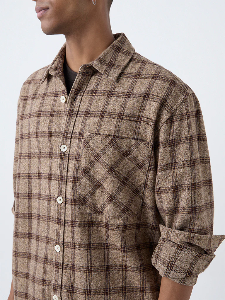 Nuon Brown Check Pattern Relaxed-Fit Cotton Shirt - Image 3