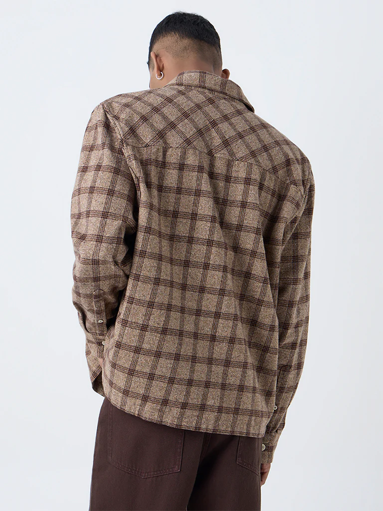 Nuon Brown Check Pattern Relaxed-Fit Cotton Shirt - Image 4