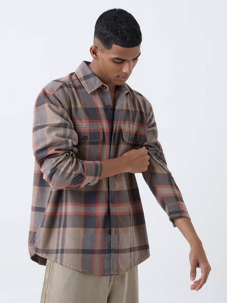 Nuon Brown Checkered Relaxed-Fit Cotton-Blend Shirt - Image 2