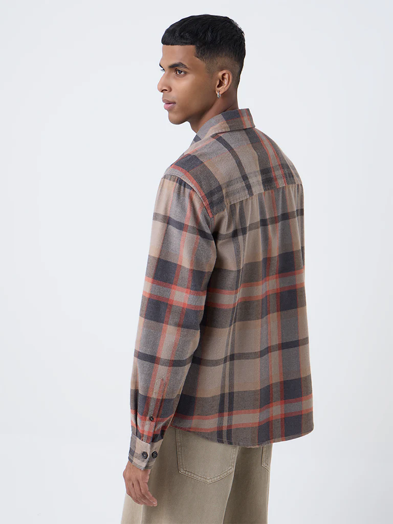 Nuon Brown Checkered Relaxed-Fit Cotton-Blend Shirt - Image 4