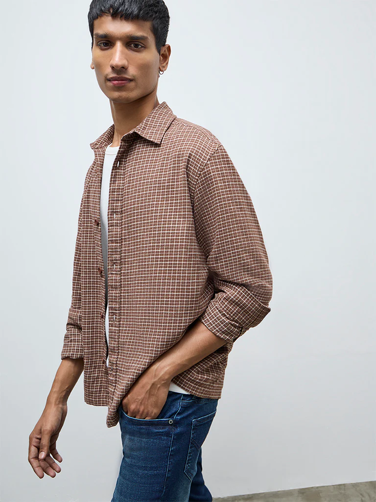 Nuon Brown Checkered Relaxed-Fit Cotton Shirt - Image 2