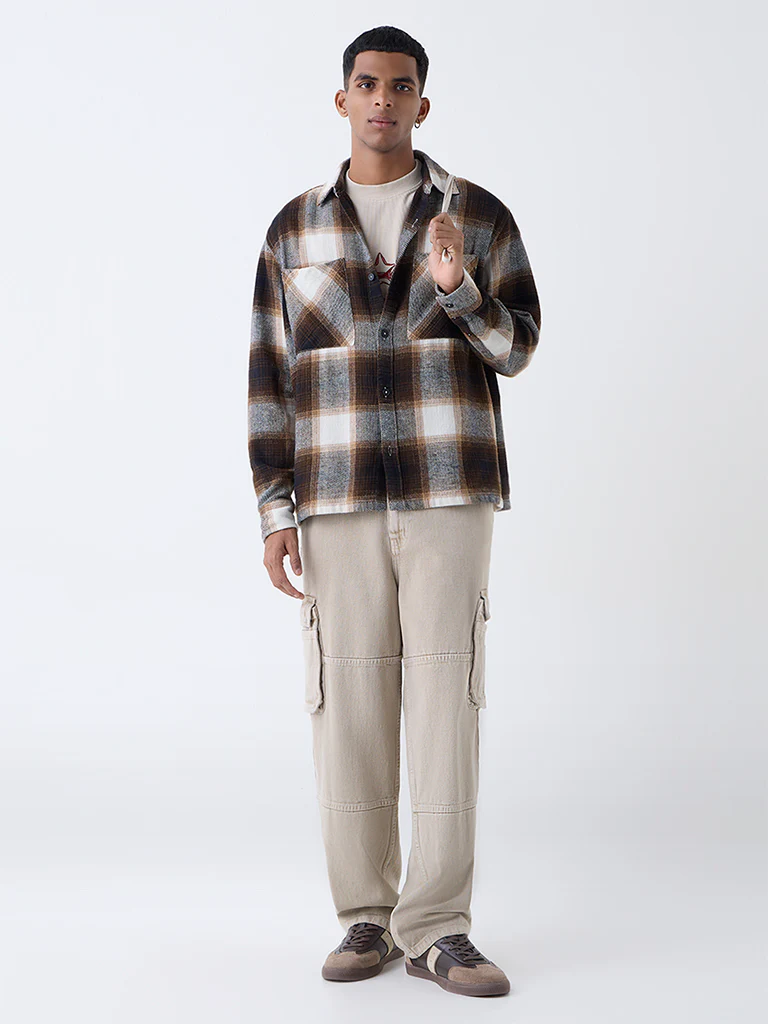 Nuon Brown Checks Design Relaxed-Fit Cotton Shirt - Image 2