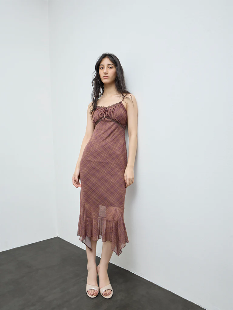 Nuon Brown Checks Detailed Bodycon Mesh Dress