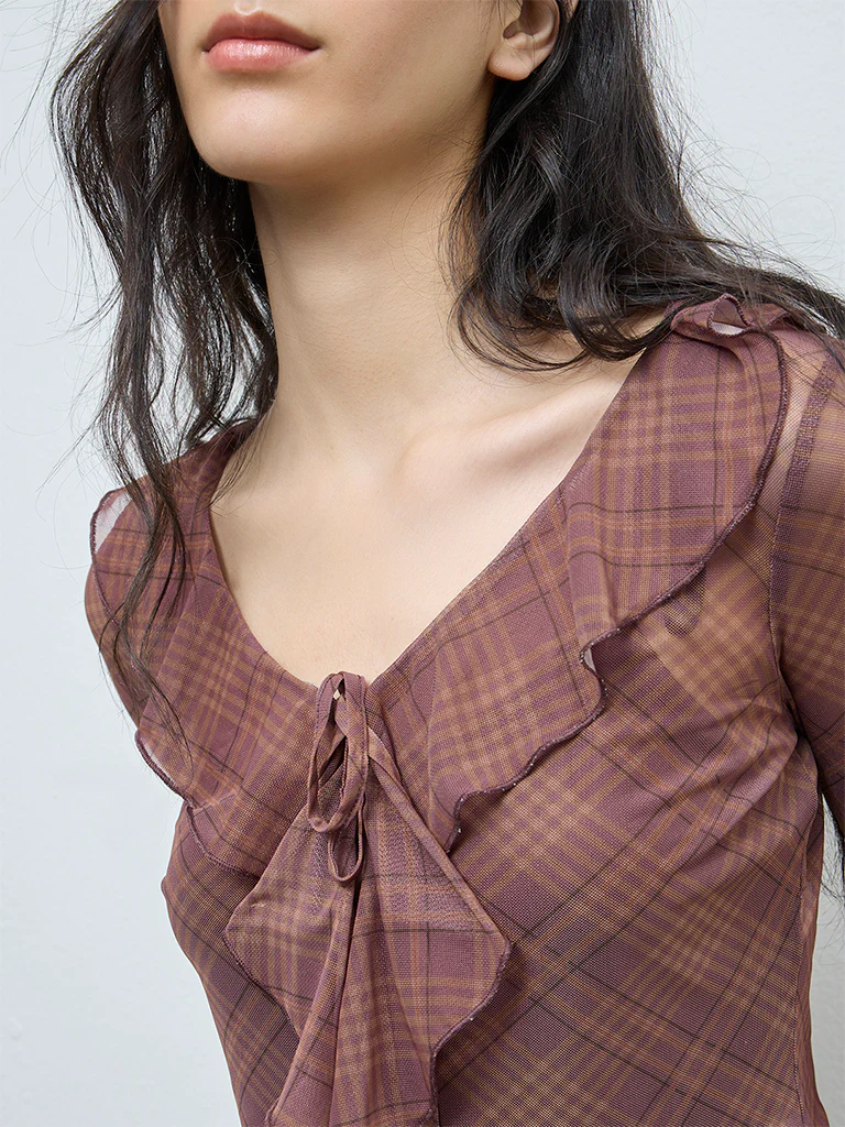 Nuon Brown Checks Detailed Mesh Top - Image 3