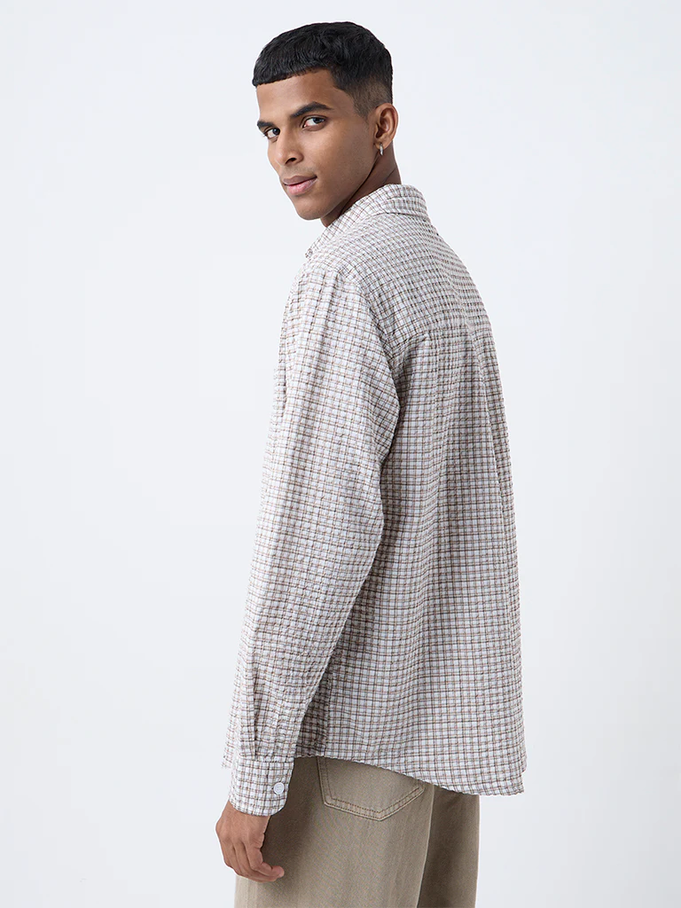 Nuon Brown Checks Pattern Relaxed-Fit Cotton Shirt - Image 4