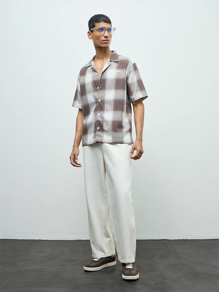 Nuon Brown Checks Pattern Relaxed-Fit Cotton Shirt