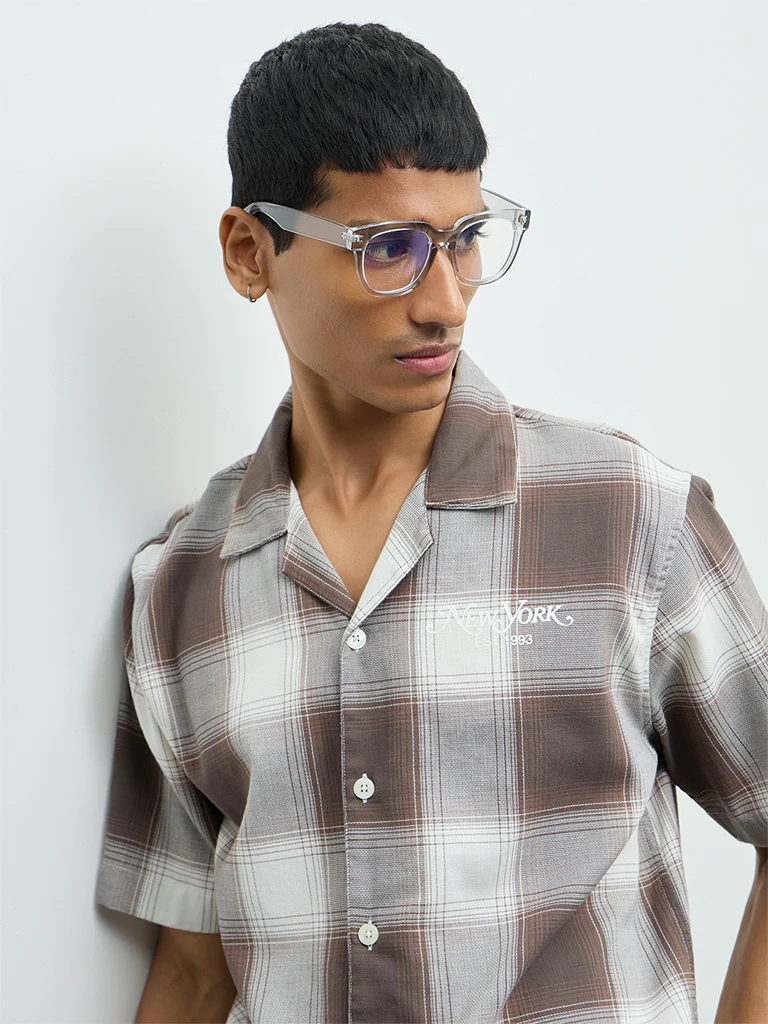 Nuon Brown Checks Pattern Relaxed-Fit Cotton Shirt - Image 4