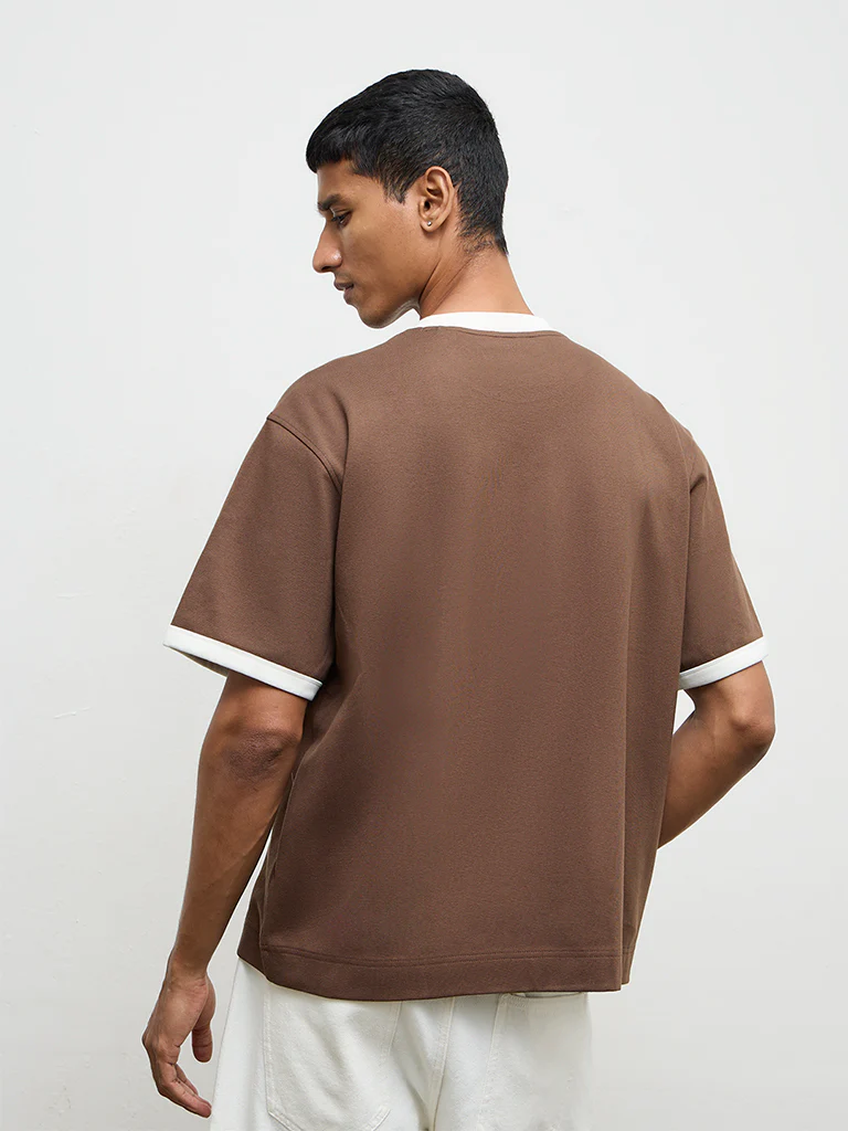 Nuon Brown Contrast Detailed Relaxed-Fit Cotton-Blend T-Shirt - Image 5