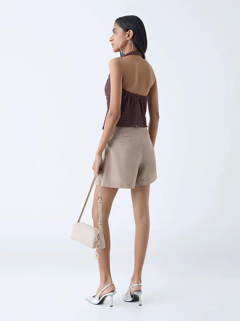 Nuon Brown Crinkle-Textured Halter-Neck Top - Image 4