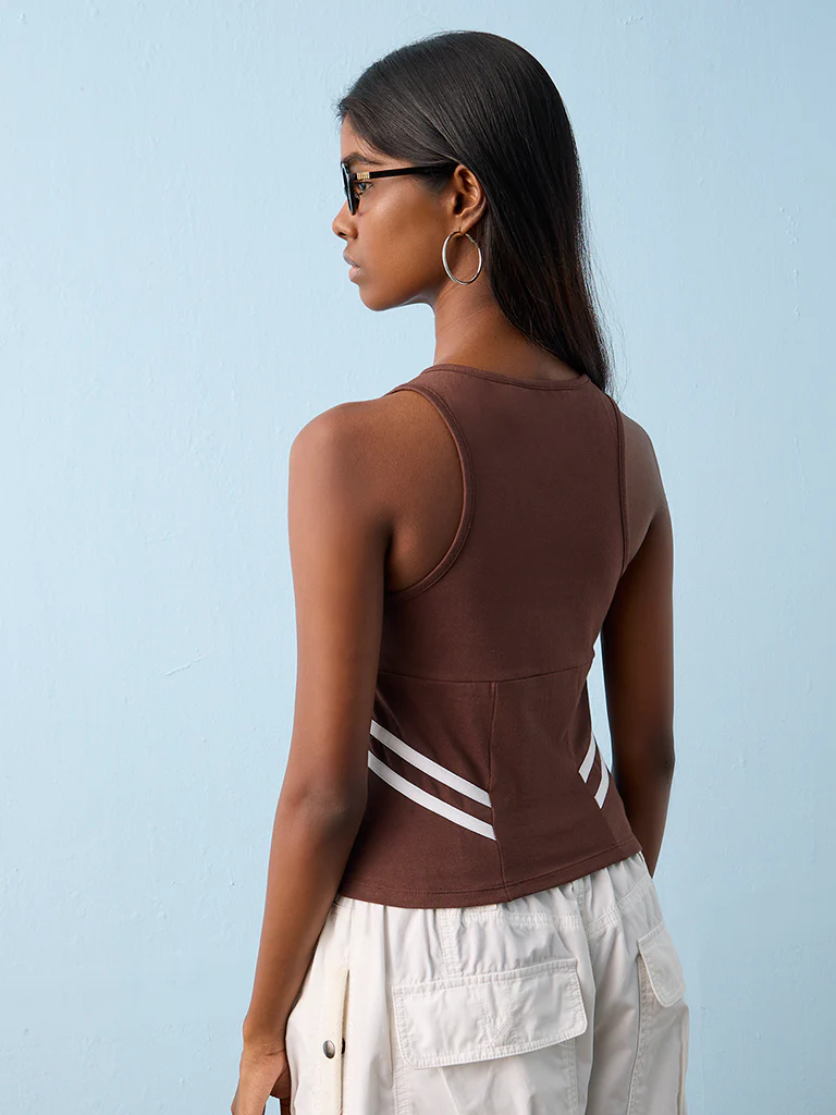 Nuon Brown Criss-Cross Detailed Cotton-Blend T-Shirt - Image 4