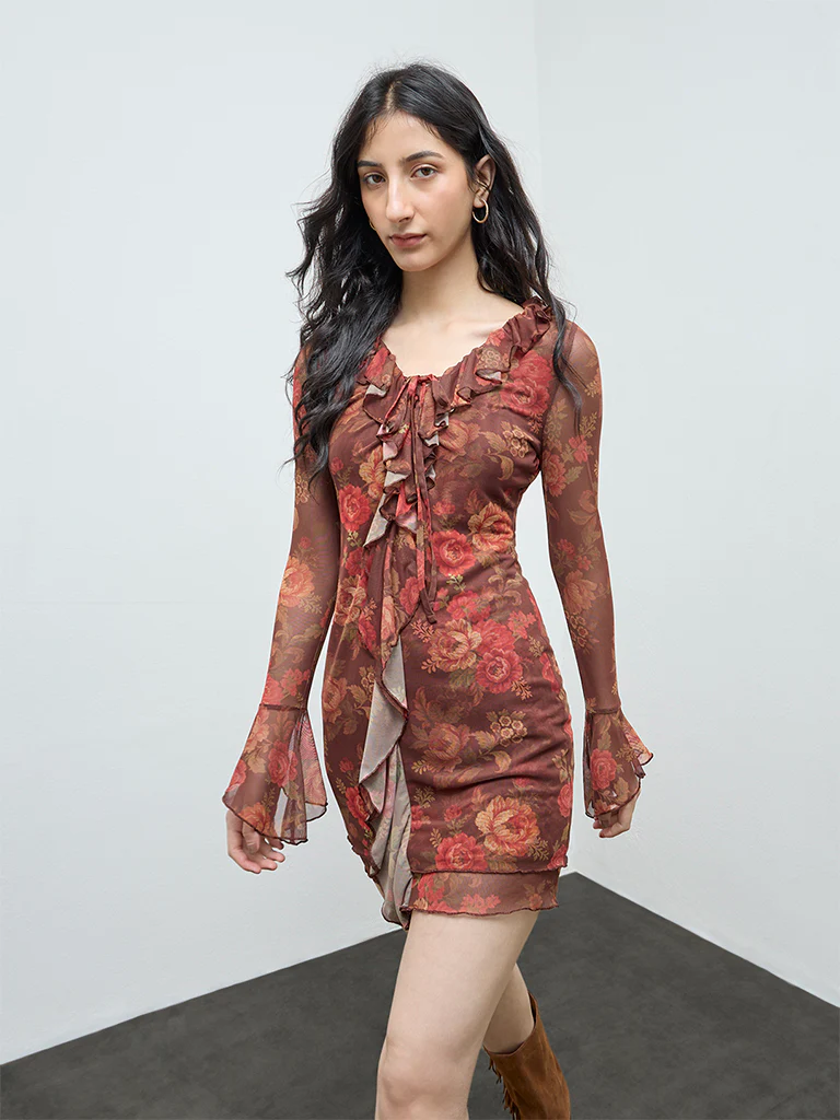 Nuon Brown Floral Detailed Bodycon Mesh Dress - Image 2