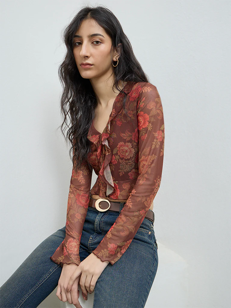 Nuon Brown Floral Detailed Mesh Top