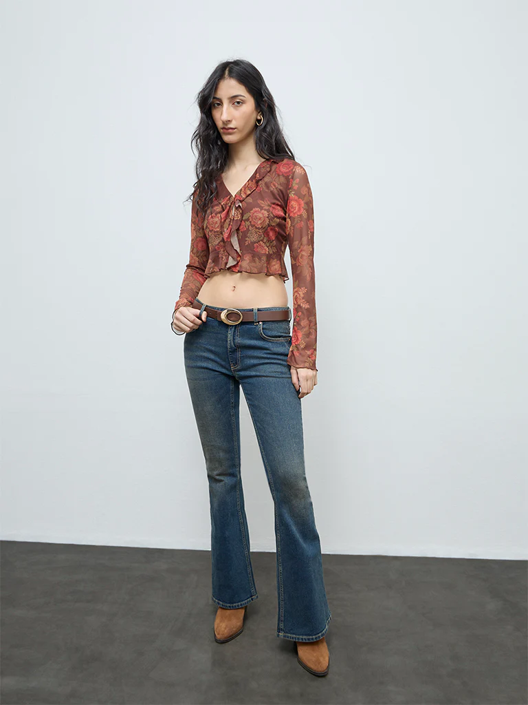 Nuon Brown Floral Detailed Mesh Top - Image 2