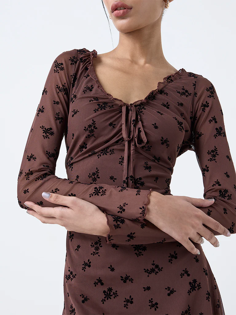 Nuon Brown Floral Printed Asymmetrical Dress - Image 3
