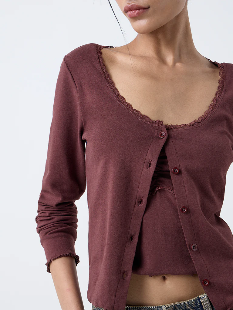 Nuon Brown Lace-Detail Top - Image 4