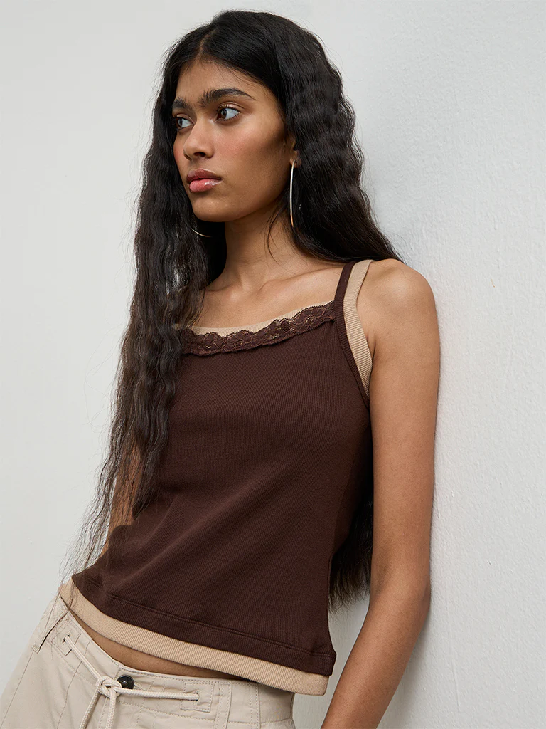 Nuon Brown Lace-Detailed Cotton-Blend Top