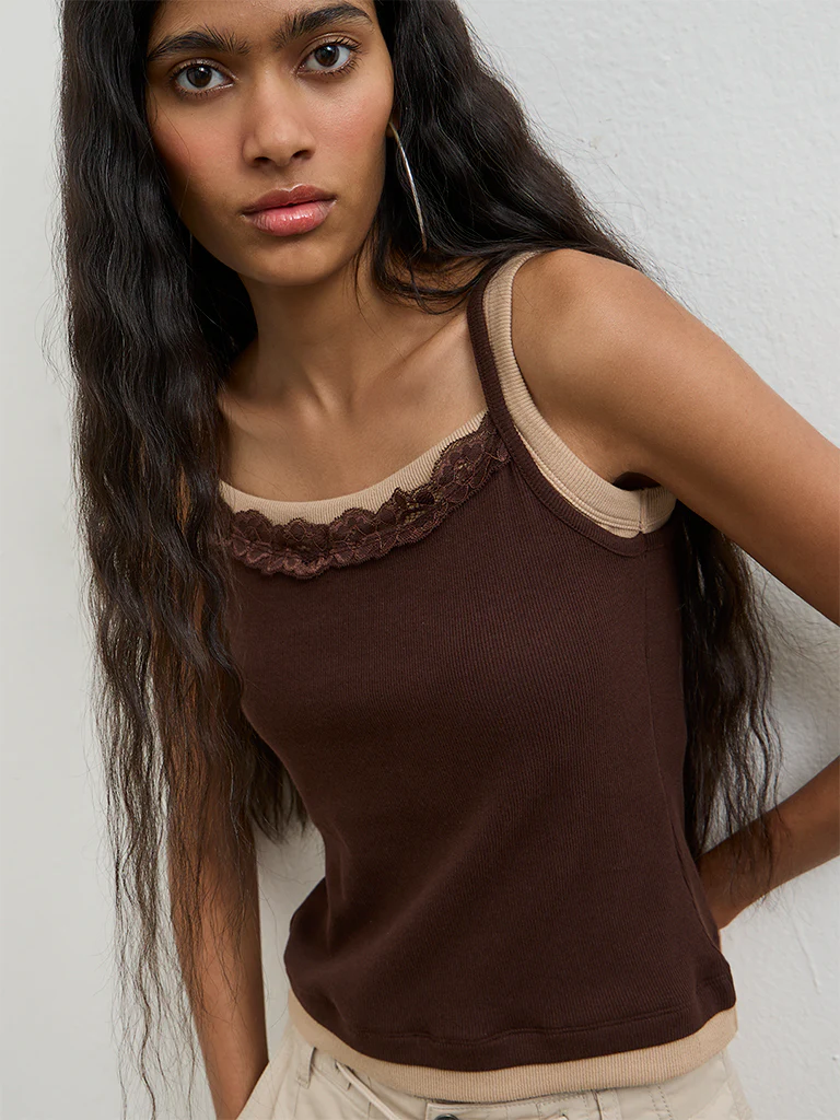 Nuon Brown Lace-Detailed Cotton-Blend Top - Image 3