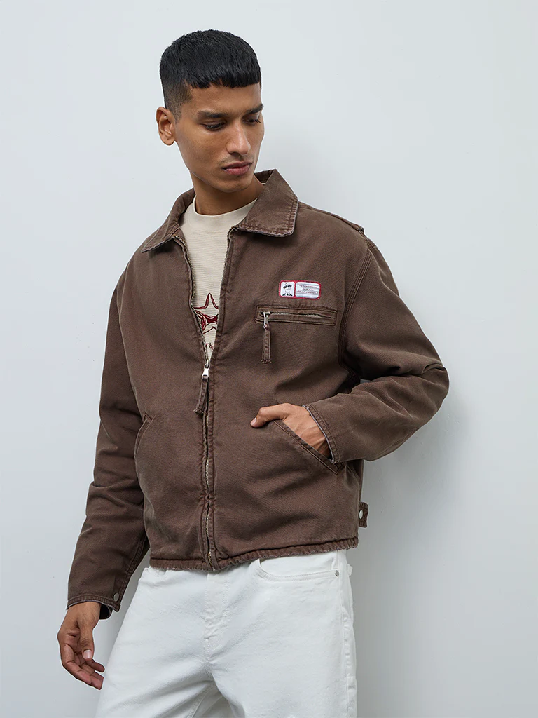 Nuon Brown Patch-Detail Relaxed-Fit Denim Jacket - Image 3