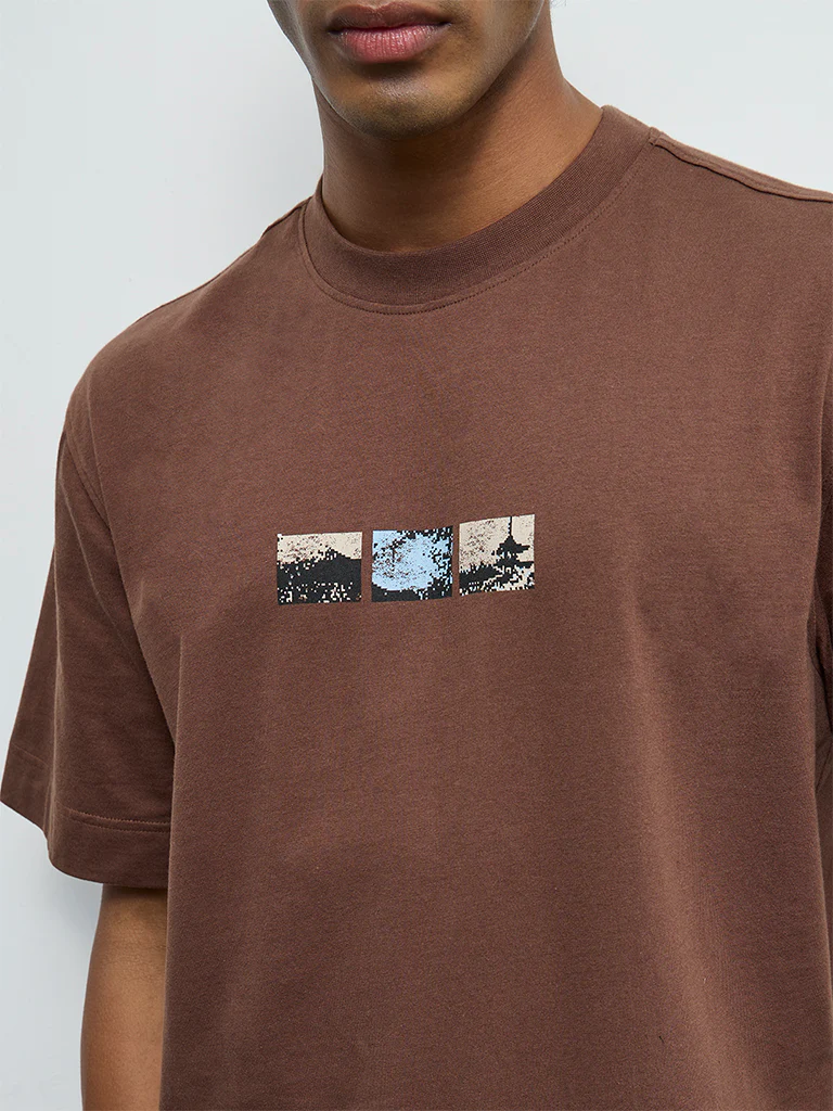 Nuon Brown Printed Relaxed-Fit Cotton T-Shirt - Image 3