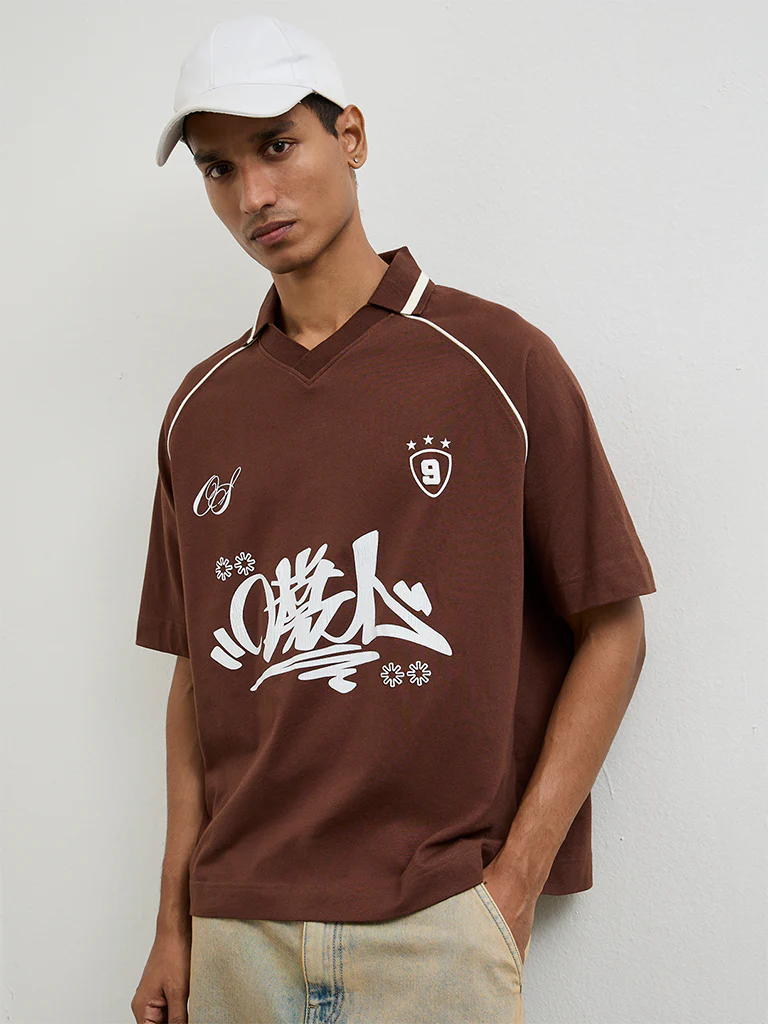 Nuon Brown Printed Relaxed-Fit Cotton T-Shirt - Image 2