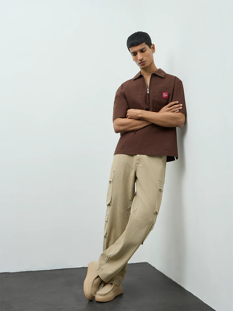 Nuon Brown Relaxed-Fit Cotton Quarter-Zip T-Shirt