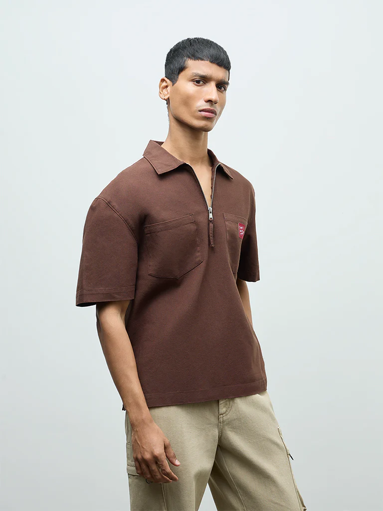 Nuon Brown Relaxed-Fit Cotton Quarter-Zip T-Shirt - Image 3