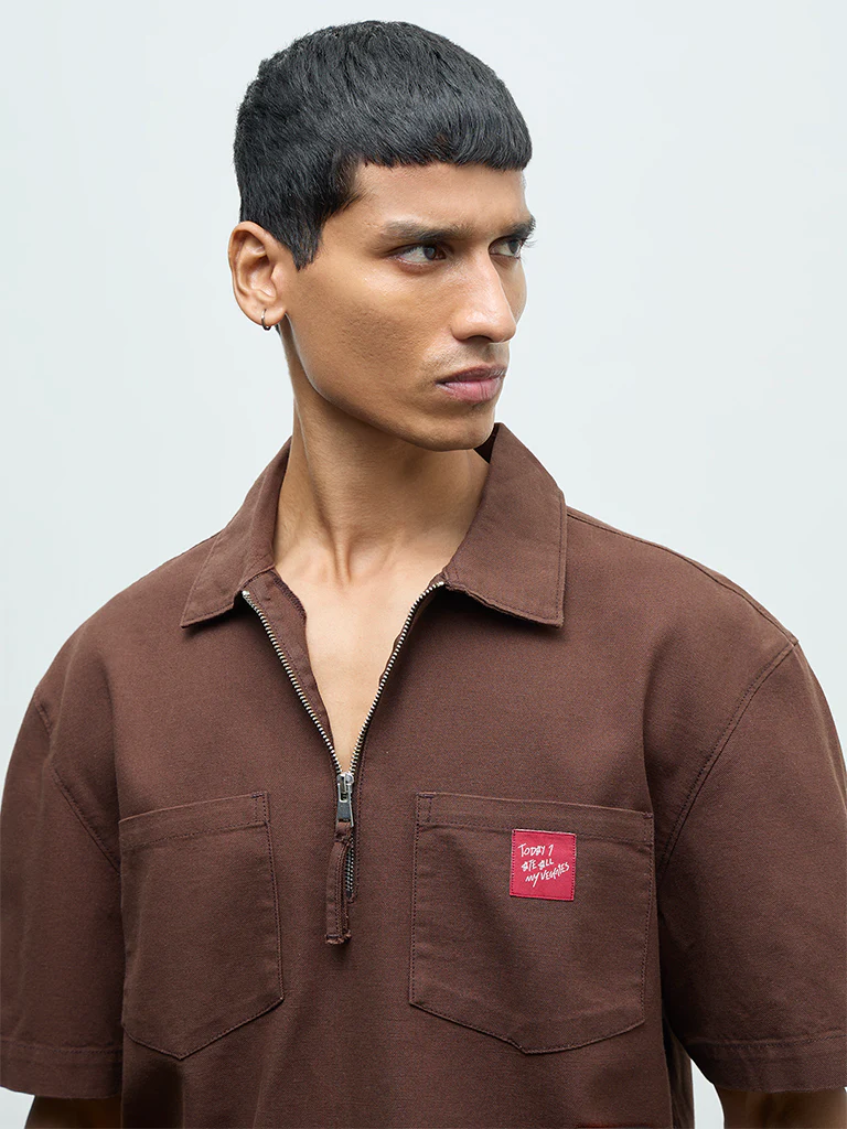 Nuon Brown Relaxed-Fit Cotton Quarter-Zip T-Shirt - Image 4