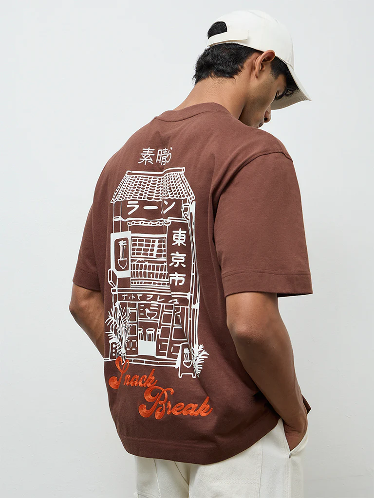 Nuon Brown Relaxed-Fit Cotton T-Shirt - Image 4