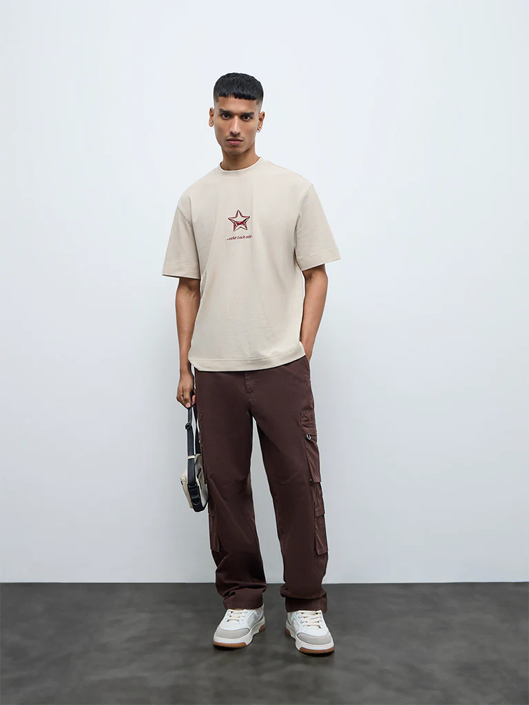 Nuon Brown Relaxed-Fit Mid-Rise Cotton Cargo Pants