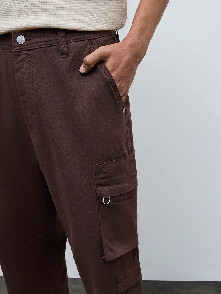 Nuon Brown Relaxed-Fit Mid-Rise Cotton Cargo Pants - Image 4