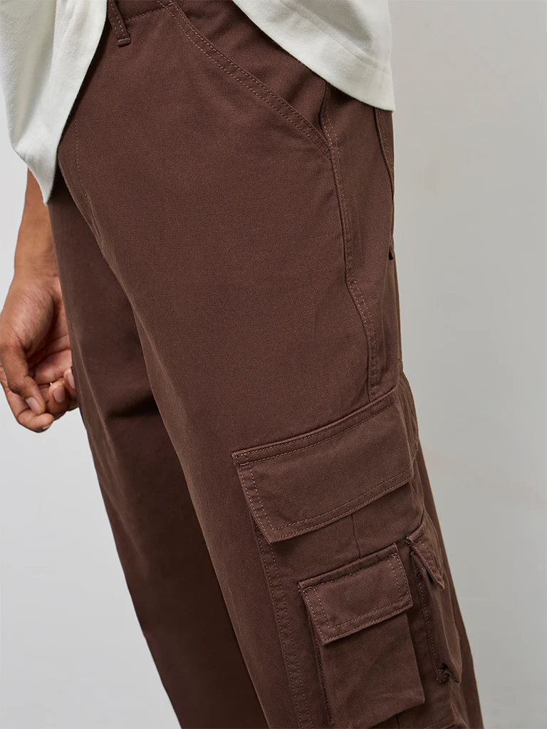 Nuon Brown Relaxed-Fit Mid-Rise Cotton Cargo Pants - Image 4