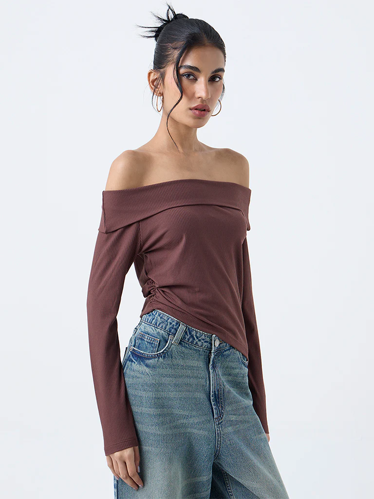 Nuon Brown Ribbed Off-Shoulder Cotton-Blend Top - Image 2