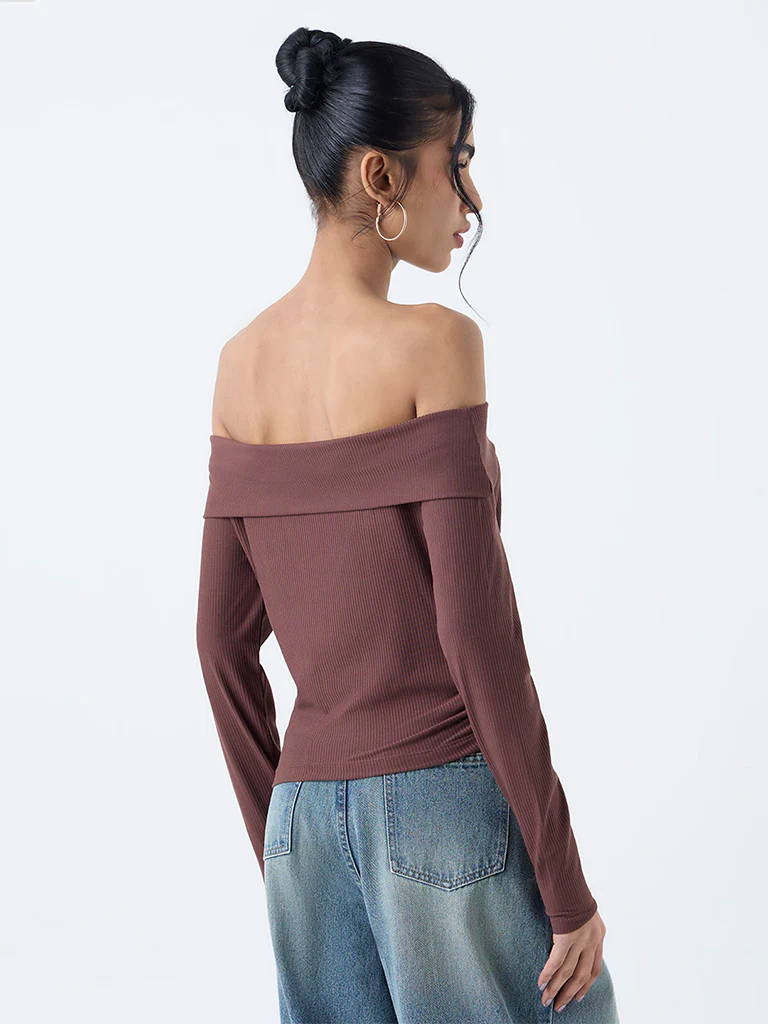 Nuon Brown Ribbed Off-Shoulder Cotton-Blend Top - Image 4