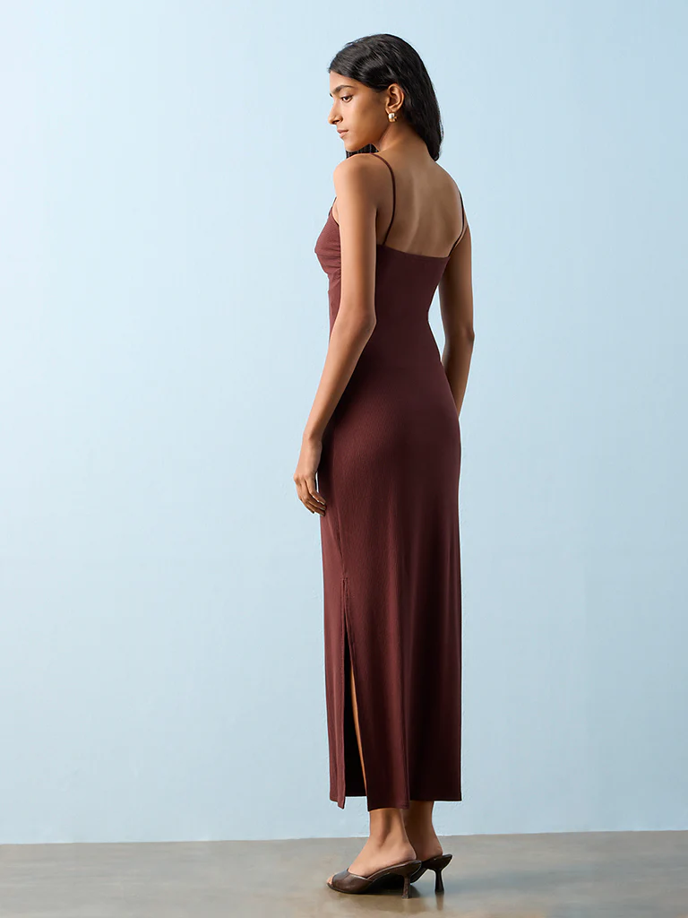 Nuon Brown Ribbed-Textured Bodycon Dress - Image 4
