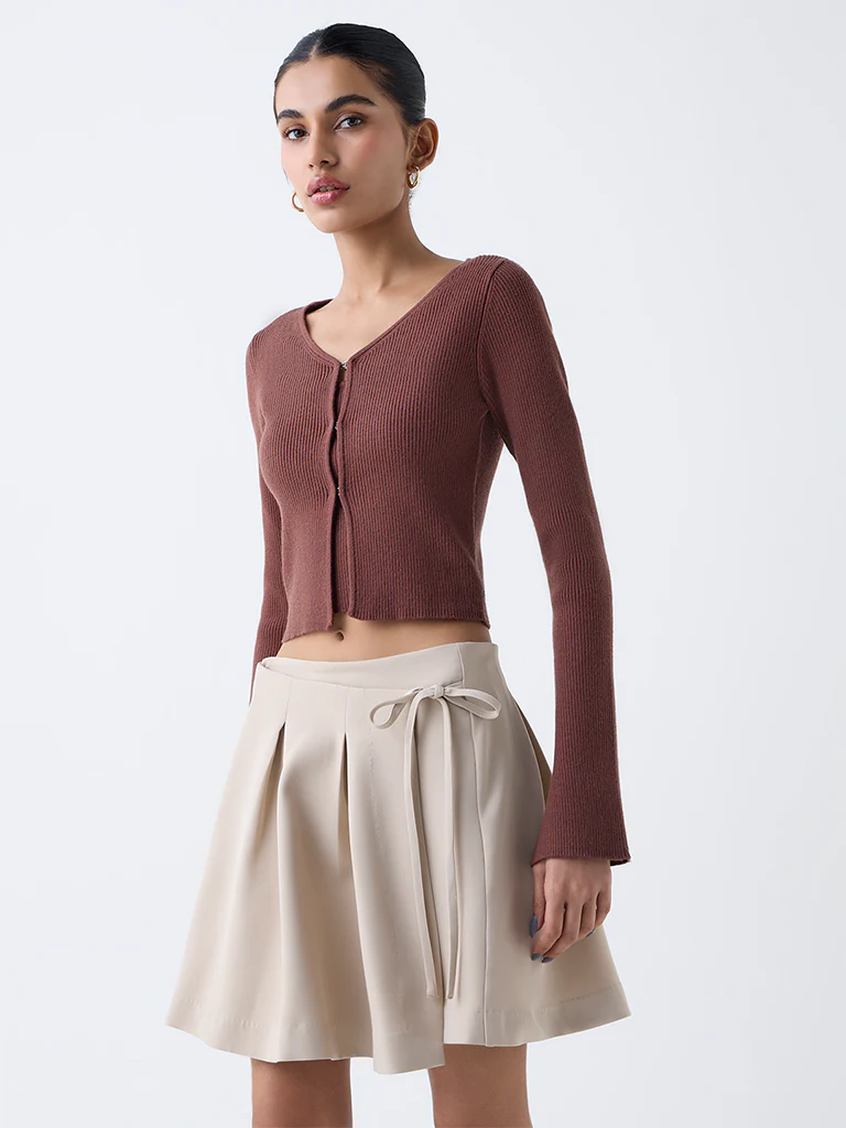 Nuon Brown Ribbed Textured Cardigan with Inner - Image 2