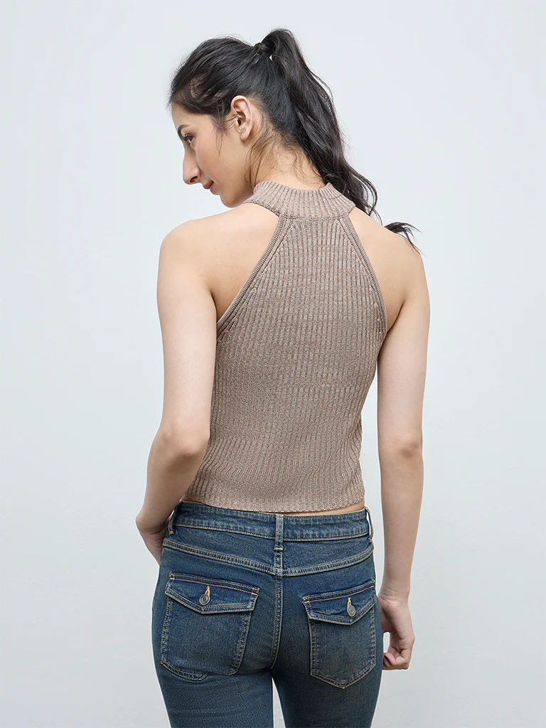 Nuon Brown Ribbed-Textured Halter-Neck Top - Image 4