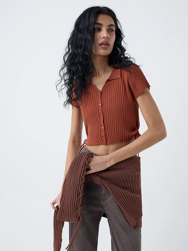 Nuon Brown Ribbed-Textured Top - Image 2
