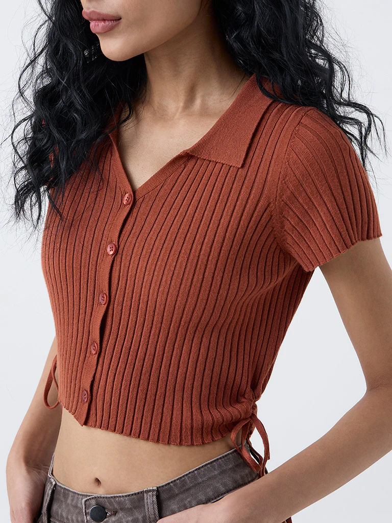 Nuon Brown Ribbed-Textured Top - Image 3