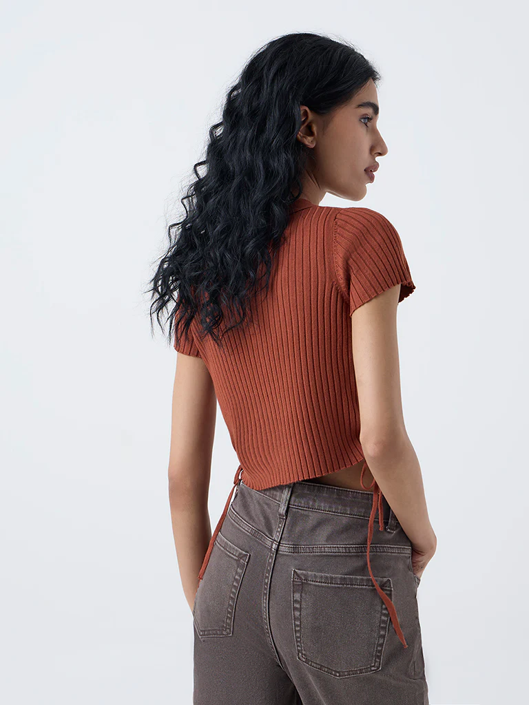 Nuon Brown Ribbed-Textured Top - Image 4