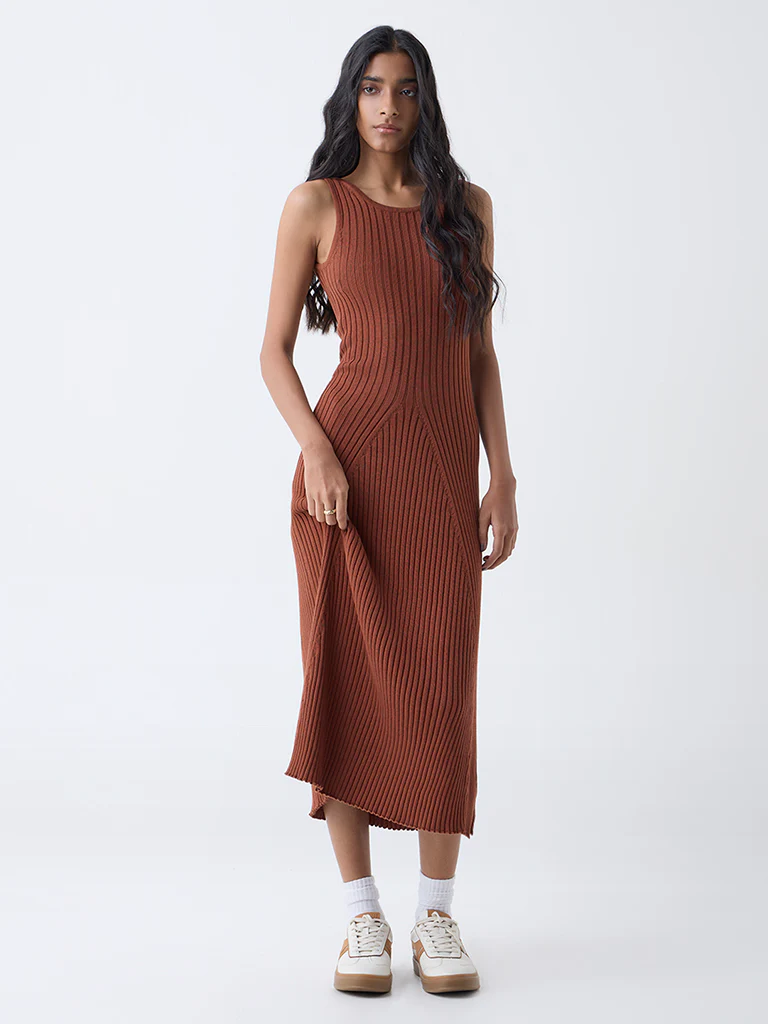 Nuon Brown Self-Striped Cotton A-Line Dress - Image 2