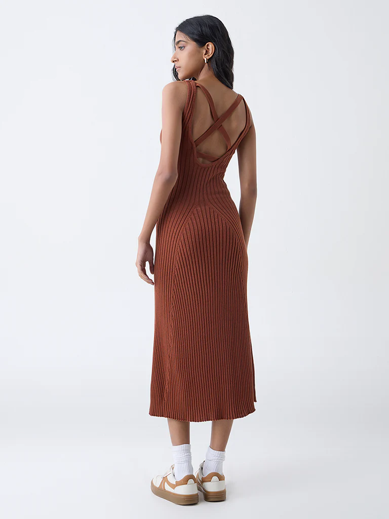 Nuon Brown Self-Striped Cotton A-Line Dress - Image 4