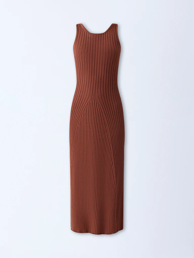 Nuon Brown Self-Striped Cotton A-Line Dress - Image 5