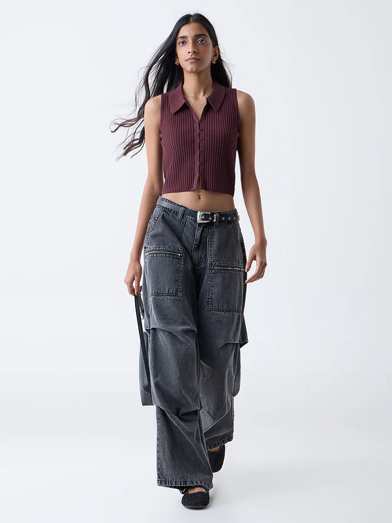 Nuon Brown Self-Striped Top