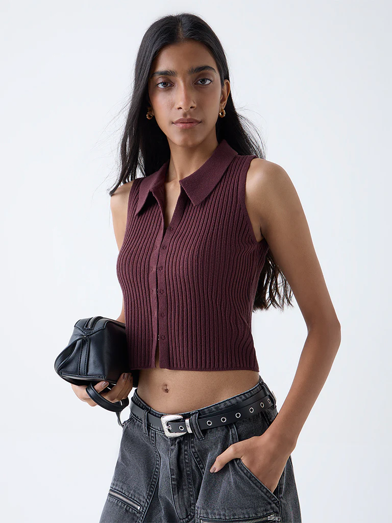 Nuon Brown Self-Striped Top - Image 3