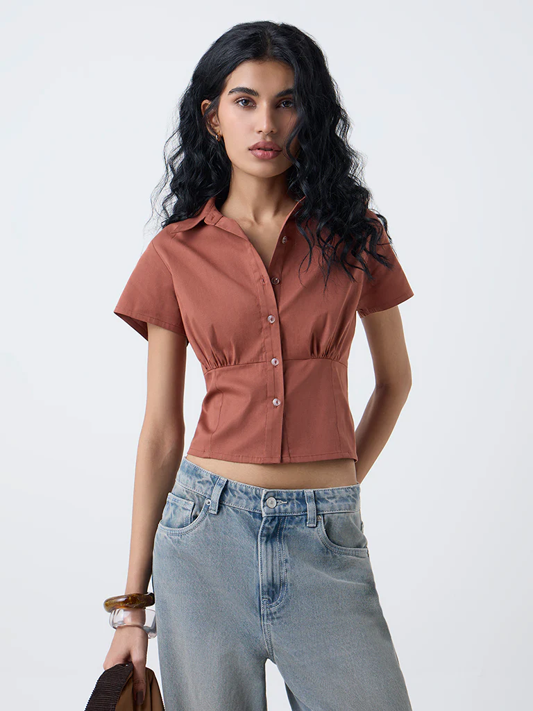 Nuon Brown Smocked Cotton Shirt - Image 2